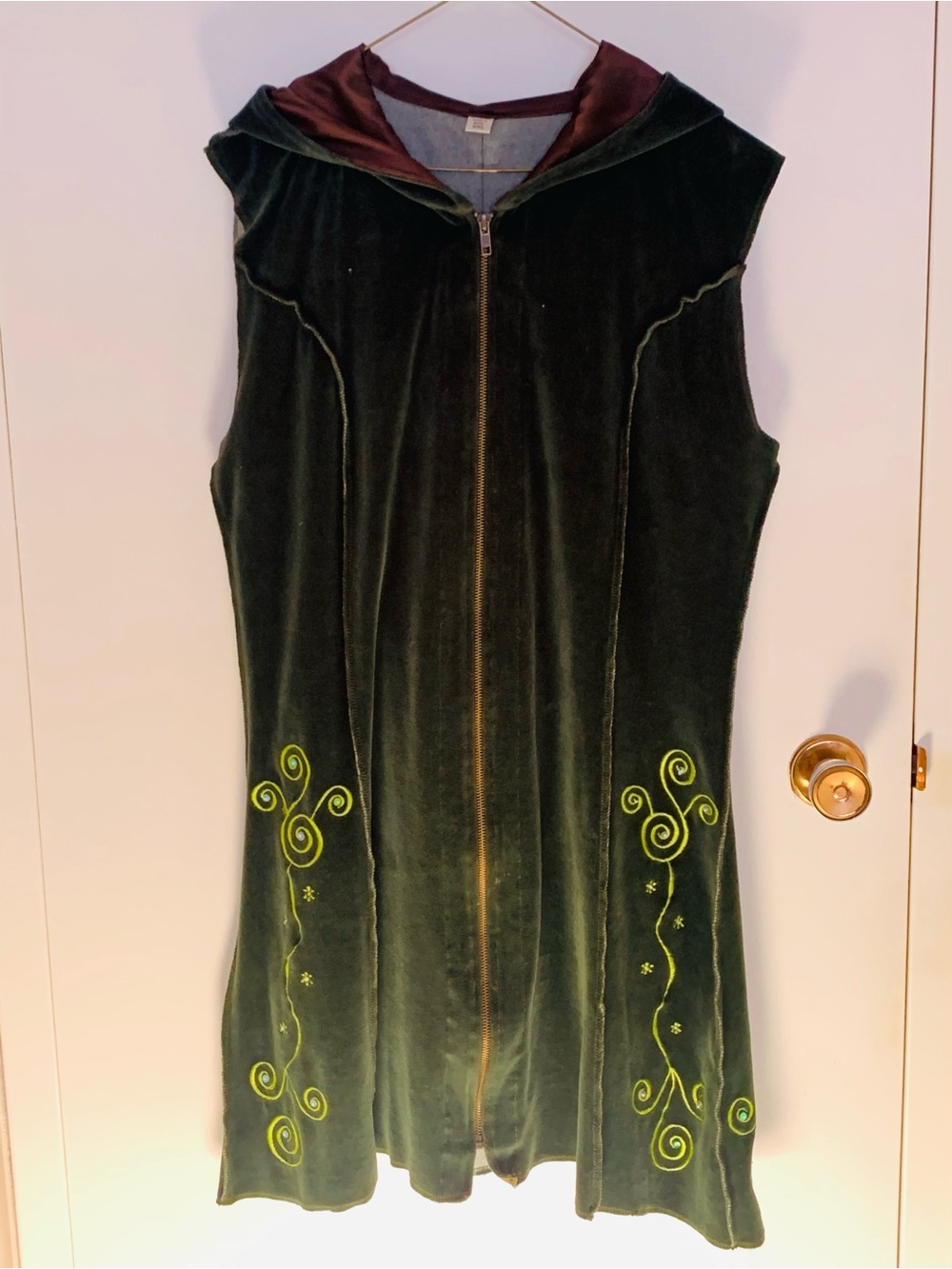 Bohemian Forest Green Velvet Midi Tunic with Lime Scroll Embroidery